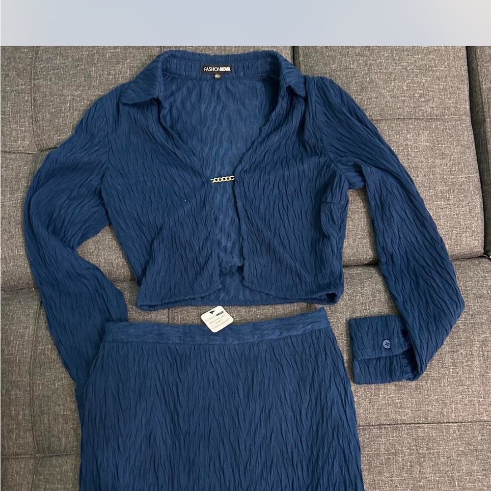 Fashion Nova Textured Navy Two-Piece Set
